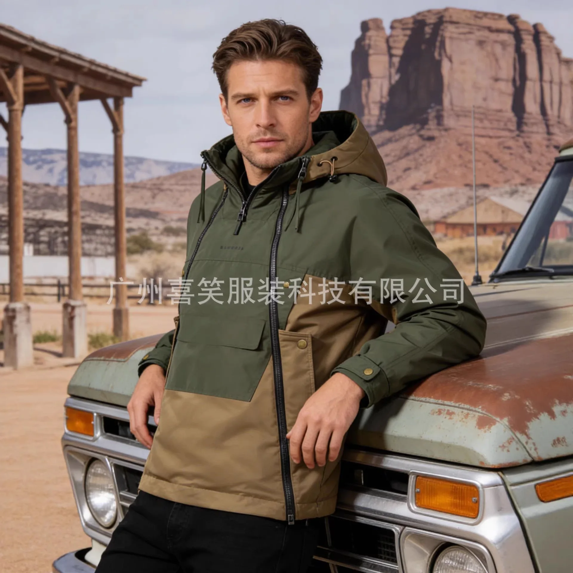 New Men's Hooded Tooling Jacket Outdoor Windproof And Warm Multi-pocket Color Matching Casual Fashion Jacket