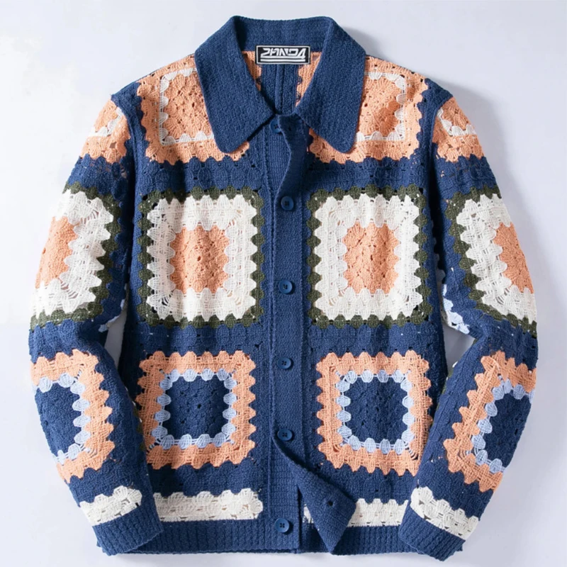 Vintage Patchwork Crochet Shirt Mens Jacket Autumn Stylish Block Contrast Color Cardigans Men Casual Long Sleeve Knitted Shirts