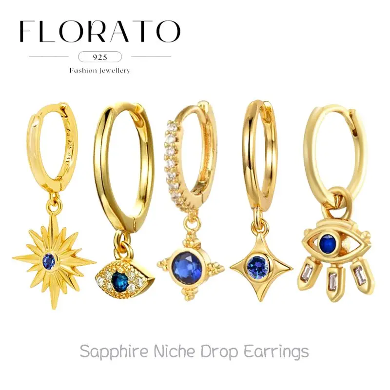 

FLORATO 925 Silver Needle Geometry Pendant Mosaic Round Sapphire Zircon Hoop Earrings For Women Punk Style Trendy Jewelry Gifts