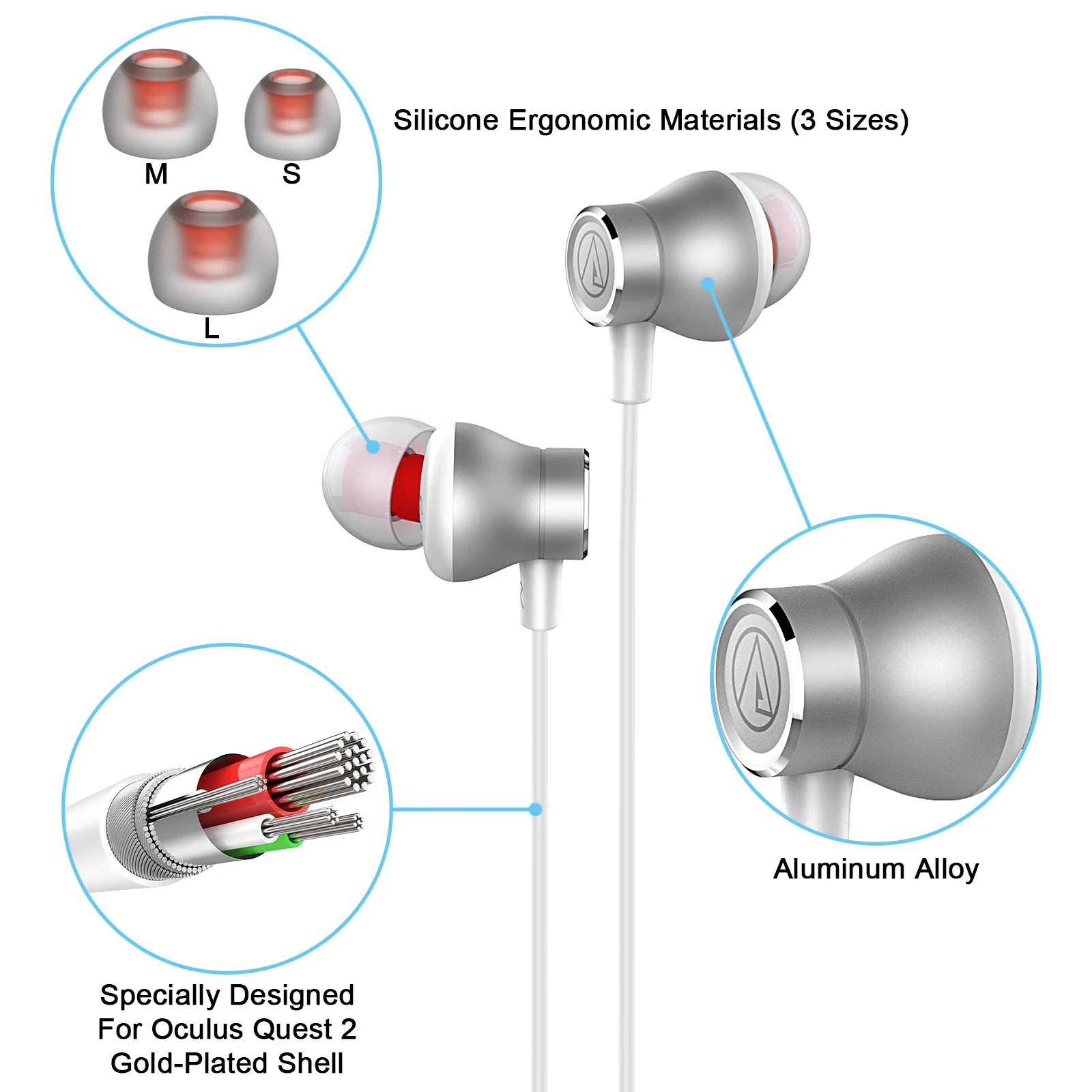 OKCSC Q50 VR الألعاب سماعات أذن داخل الأذن ل كوة كويست 2 | ميتا كويست 2 ، مخصص طول كابل ل ميتا كويست 2 VR سماعات الألعاب
