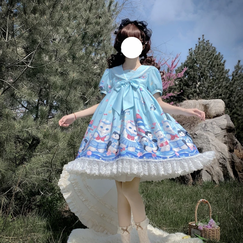 Vestido Lolita OP para niña, traje japonés Kawaii con lazo, cuello marinero, estampado de pingüino y gato de dibujos animados, encaje para fiesta, Verano