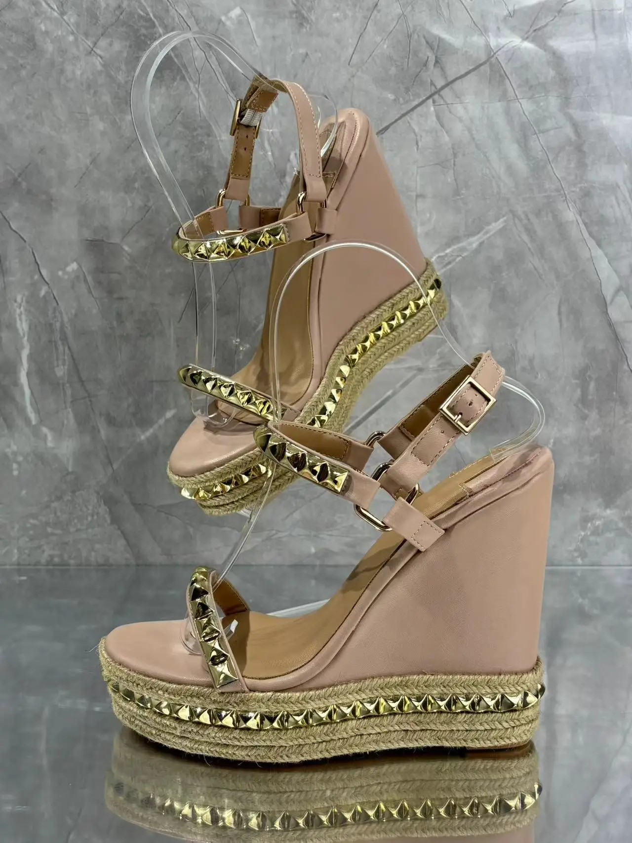 Open Toe Platform Casual Style Plain Leather Block Heels Women Bling Gold Stud Wedge Sandals Espadarille Metallic Buckle Sandal