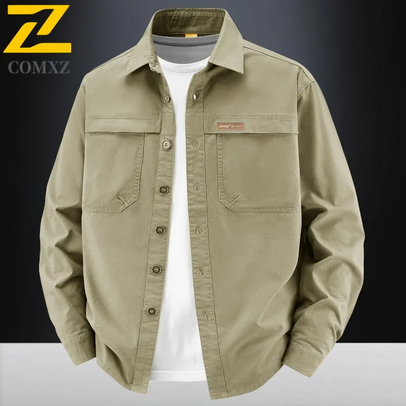 

COMXZ 2026 New Shirt Men Long Sleeve Cotton Comfortable Casual Top Spring Fashion Multi-Pocket Cargo Shirt Man Working Clothes