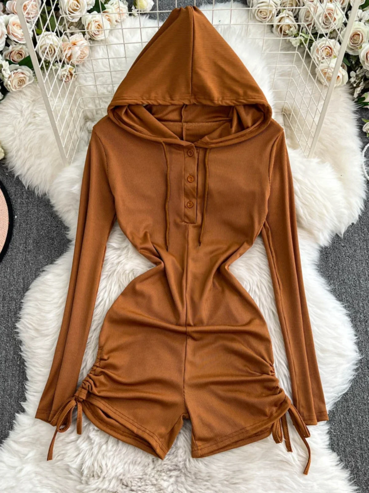 ssTss Stylish Slim Fit Hooded One Piece Women's Vintage Spice Girl's Pleated Waist Half-Open Jumpsuit Shorts Bodysuits