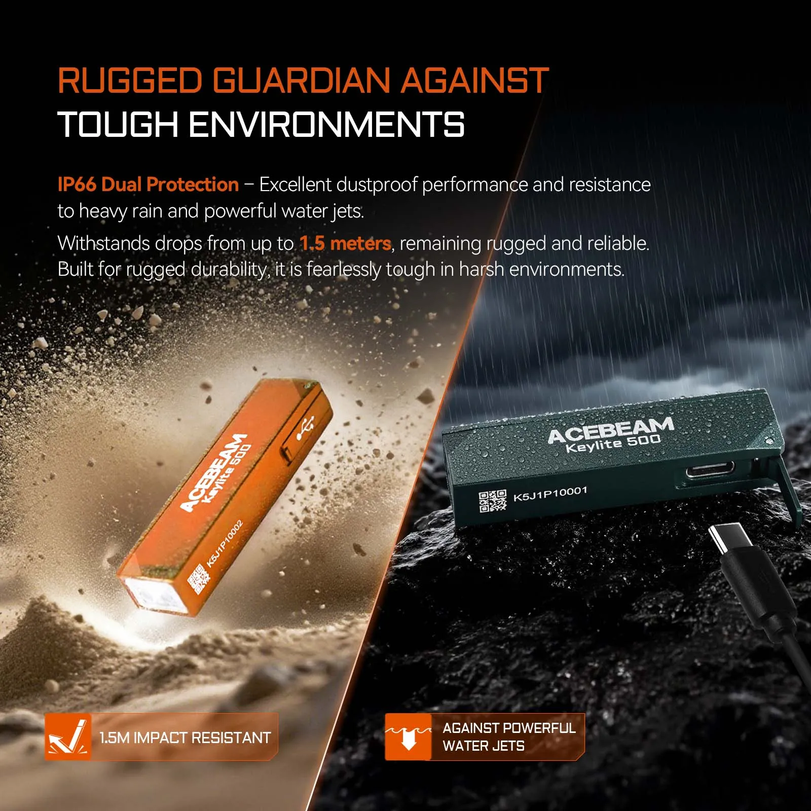 مصباح يدوي ACEBEAM Keylite 500 EDC قابل لإعادة الشحن مع وضع الدفاع عن النفس ومصباح LED مزدوج للتخييم والعم