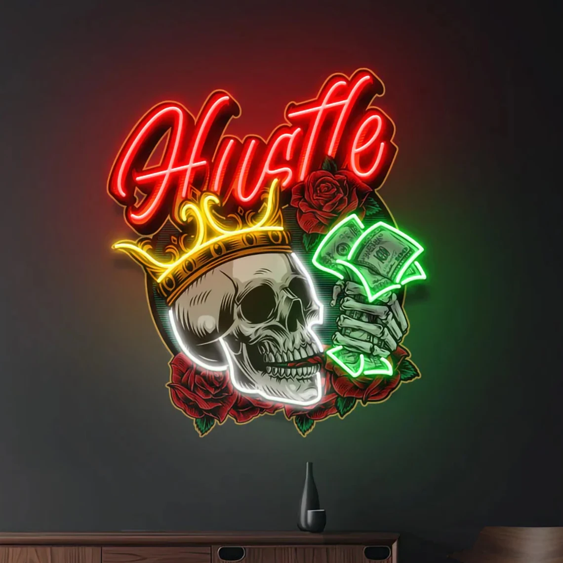 

Rich Skull Neon Sign Wall Decor UV Print Skull Money Artwork Neon Pop Art Bar Beer Decor Man Cave Sign Bedroom Home Wall Decor