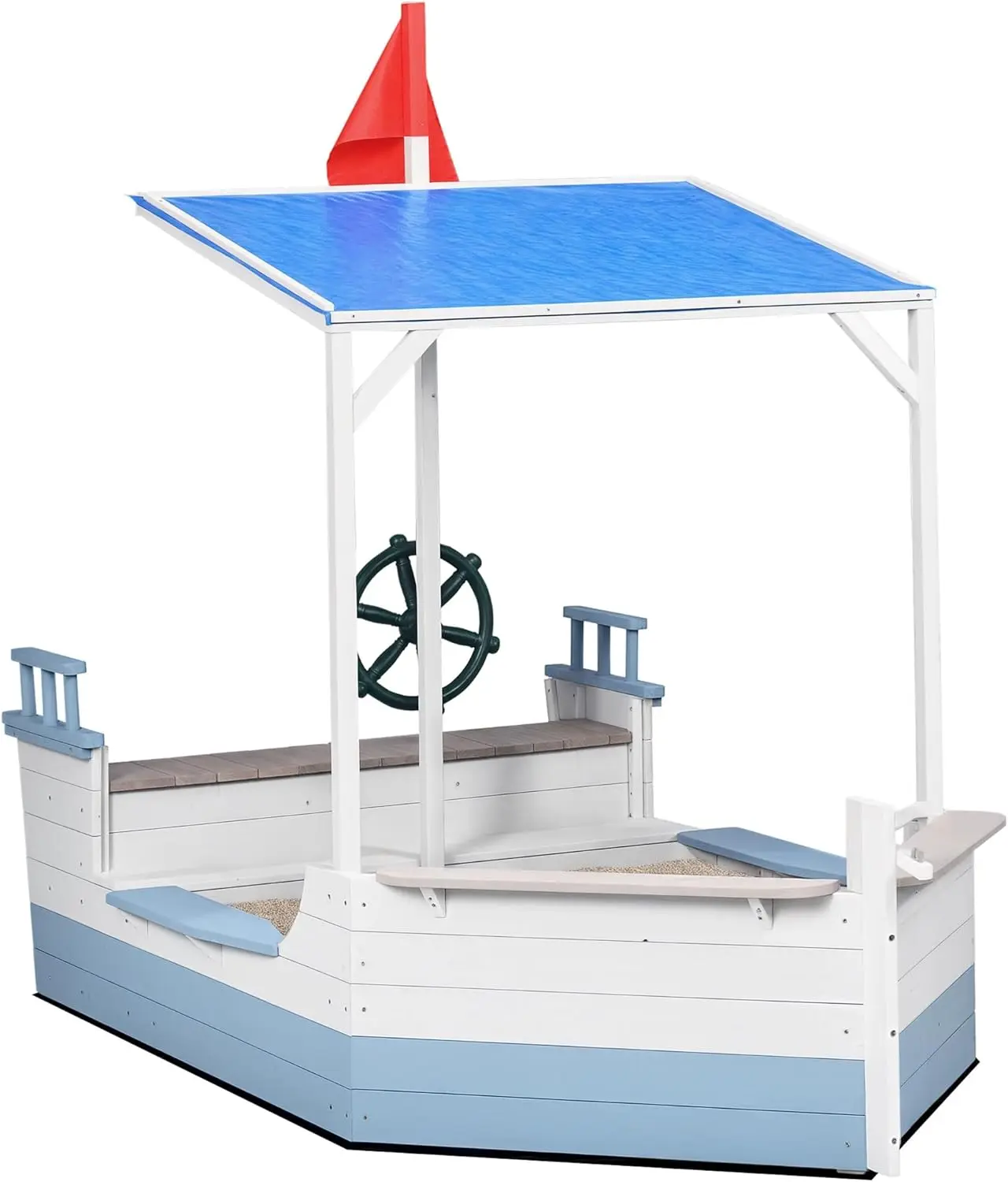 Caja de arena para niños con dosel, cajas de arena de madera para barco pirata con banco para patio trasero, pozo de arena para niños pequeños, 83" x 43", azul