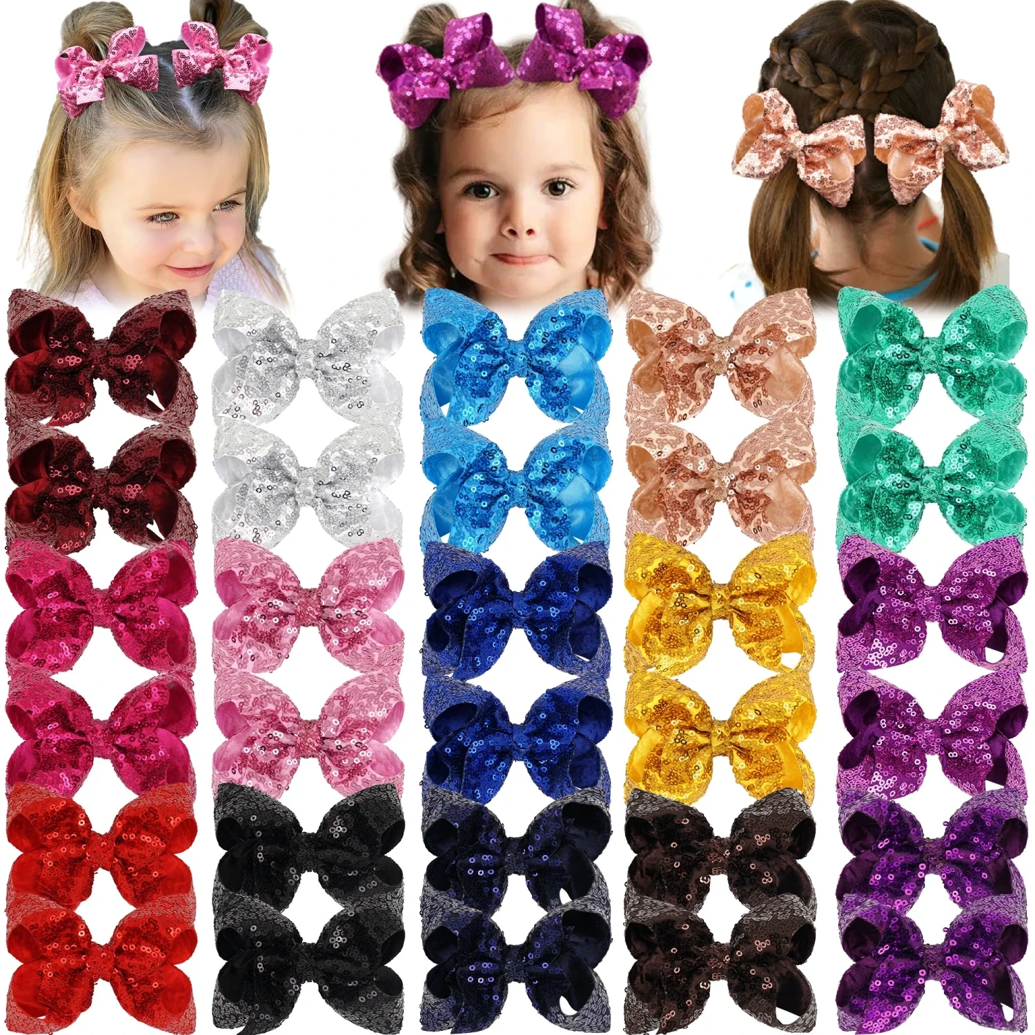 12Pieces(6Colors In Pairs) Bling Sparkly Sequins Bows Alligator Hair Clips Baby Girls Mix Colored Solid Ribbon Hair Bows Clip