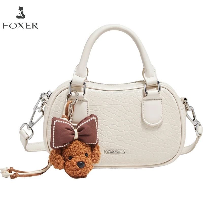 

FOXER 2025 Autumn/Winter Chic Women's Handbag Boston Style Pillow Bag Soft Leateh Female's Crossbody Bag with Cute Small Pendant
