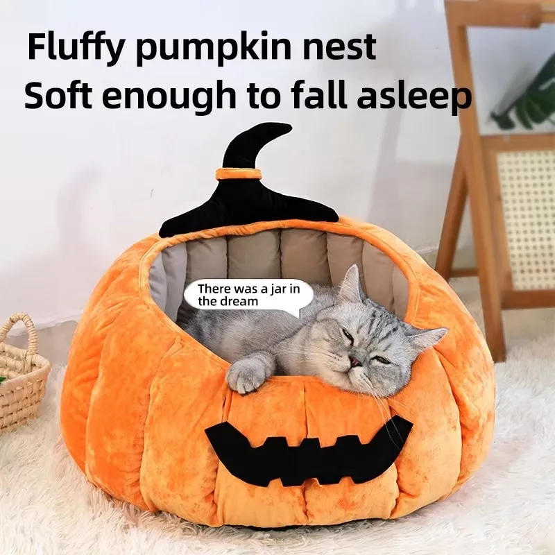 Hot Sale New Carton Halloween Pumpkin Nest Cat Kennel Waterproof Winter Warm Pet Calming Bed