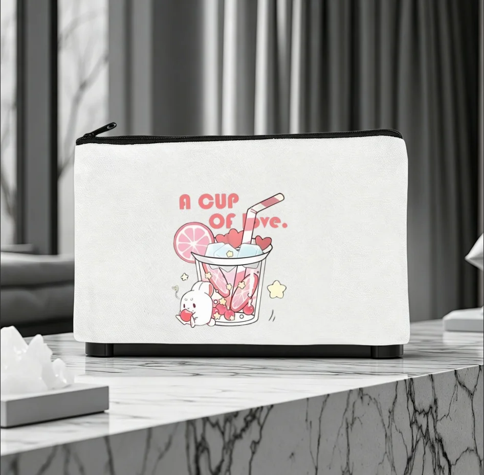 1PC A Cup Of Love Cute Bunny Lemon Iced Drink Canvas Zipper Pouch Kawaii Cartoon Print Makeup Coin Stationery Storage Bag