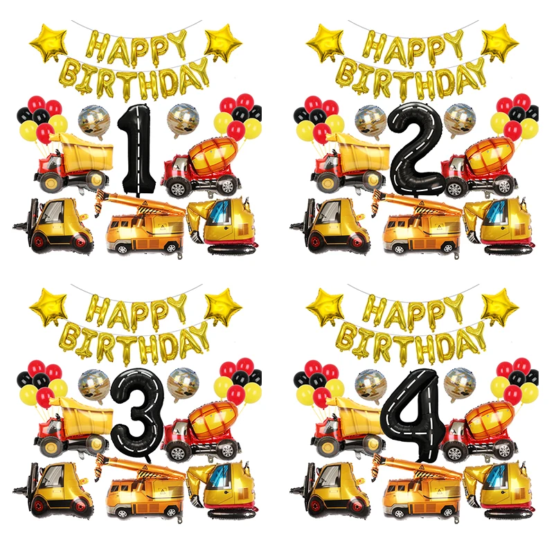 27pcs engineering Theme foil Balloon With 40Inch Number Set Digger Engineering Vehicle Construction Birthday Balloon Party Decor