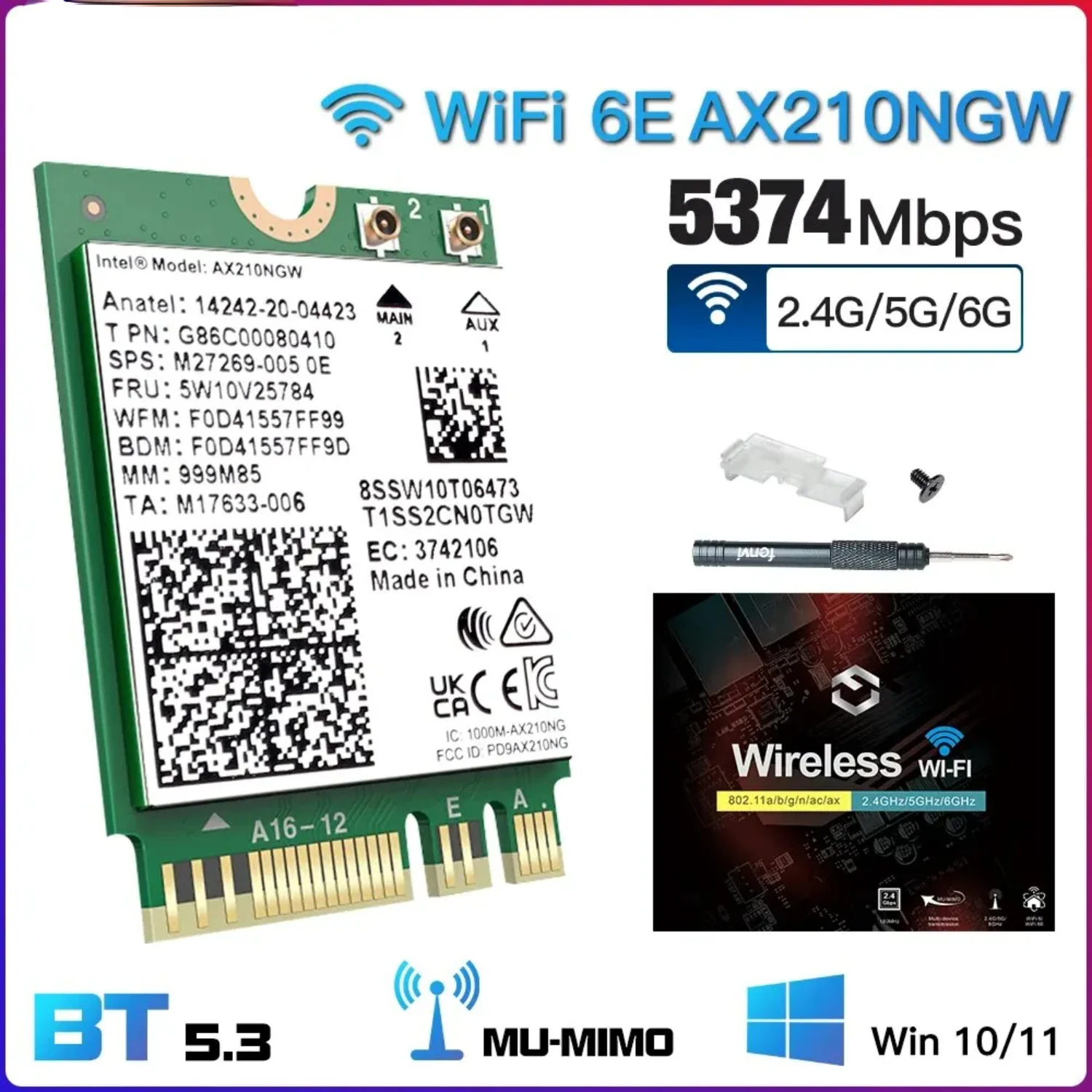 Ultra-Fast High Speed Dual Band WiFi 6E AX210NGW Wireless Network Card for Laptop PC with Win10/11 Support, 5374Mbps 2.4G/5G/6GH