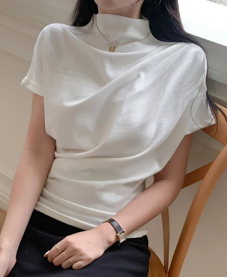 Half Turtleneck T Shirt Women Sleeveless Folds Cotton Tshirt Summer Crop Top Womens Clothing Tee Shirt Femme Camisetas Mujer