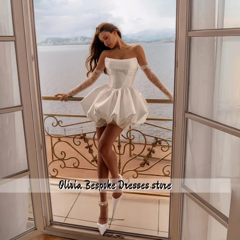 A-line Strapless Mini Wedding Dresses Puffy Hem Elegant Draped Short Bridal Gowns with Pearls for Women Customized свадеб