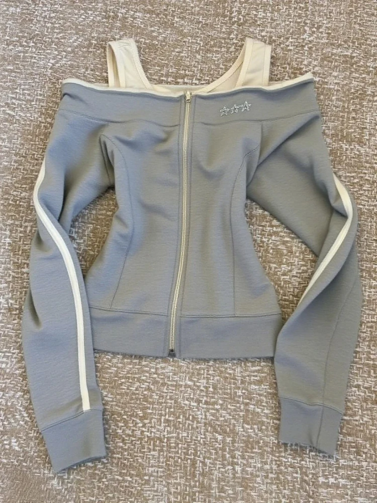 وهمية قطعتين Y2k الجمالية خمر هوديس مائل الرقبة عادية الجرونج سليم صالح الستر الخريف المرأة سستة المرقعة البلوز