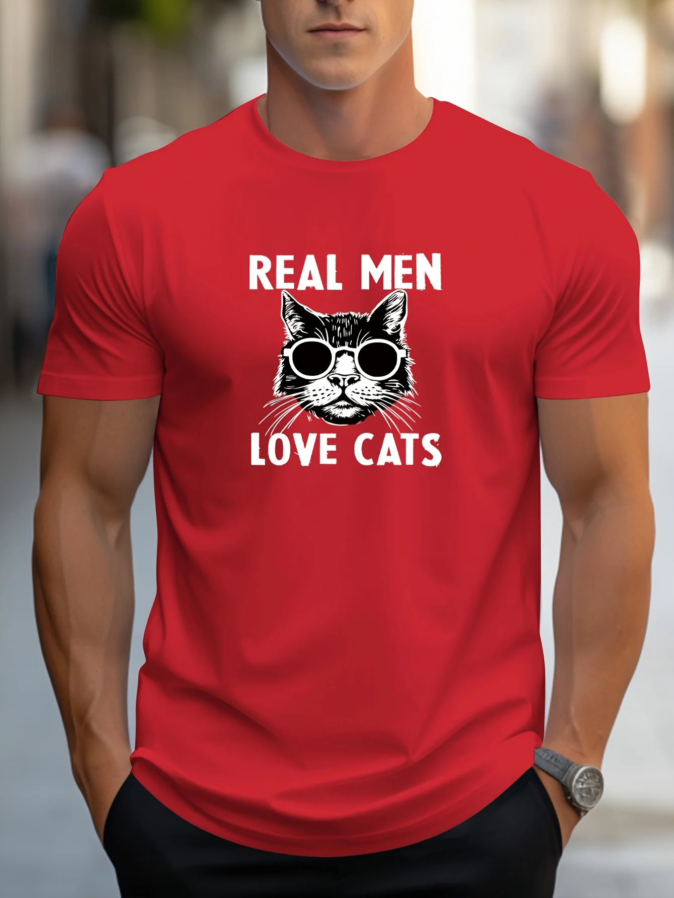 Men's trendy hand-painted kitten print graphic t-shirt on the front. Men's casual sports t-shirt. Summer men's short-sleeved top