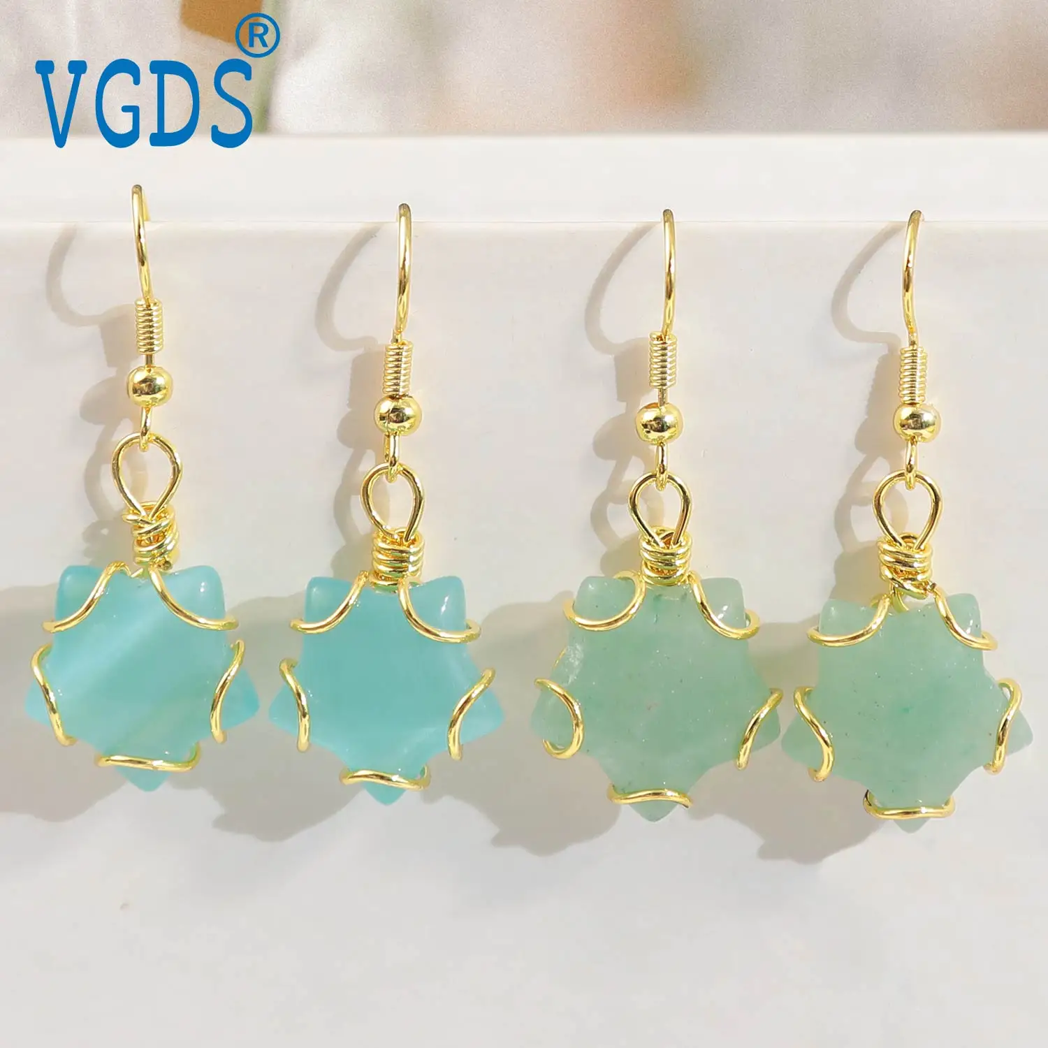 

VGDS New Natural Crystal Quartz Hand Making Copper Wire Winding Pentagonal Star Earrings Handmade Fashion Jewelry For Woman Gift