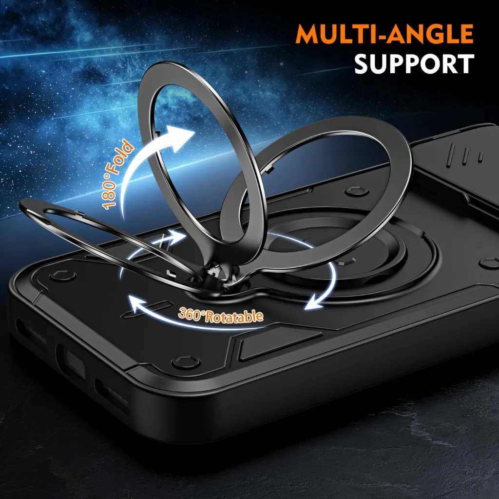 Armor Shockproof Phone Case w/ Slide Camera Cover 360° Rotatable Ring Holder Kickstand For iPhone 16 17 Pro Max Protective Cover - view 6
