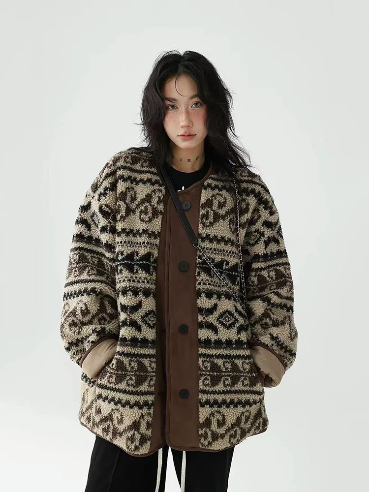 Vintage Faux Lamb Wool Jacket Women Autumn Winter Patchwork Warm Hairy Coats Y2K American Loose Streetwear Fur Buttons Outerwear