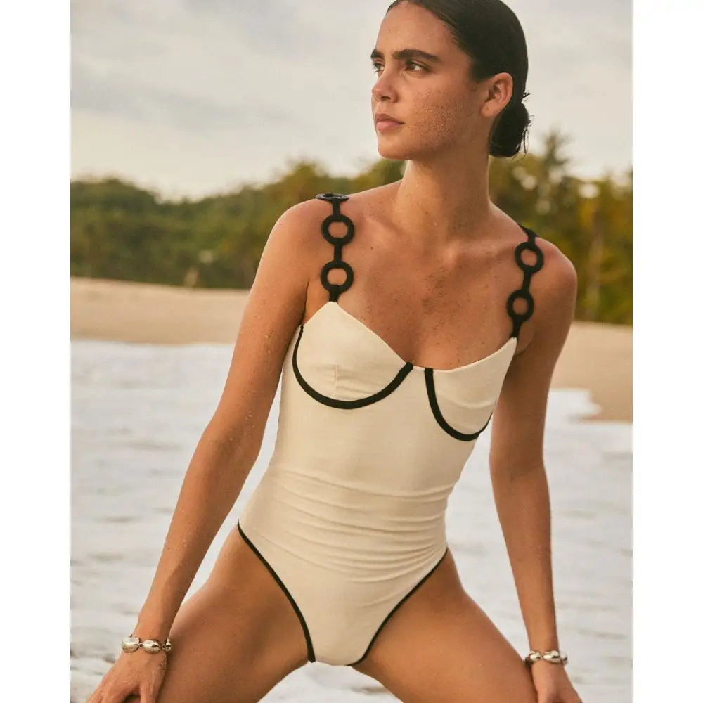 Solid Color One-piece Bikini Sets 2024 Circle Shoulder Strap Design Swimsuit Elegant Women Beach Mesh Short Skirt for Swimming