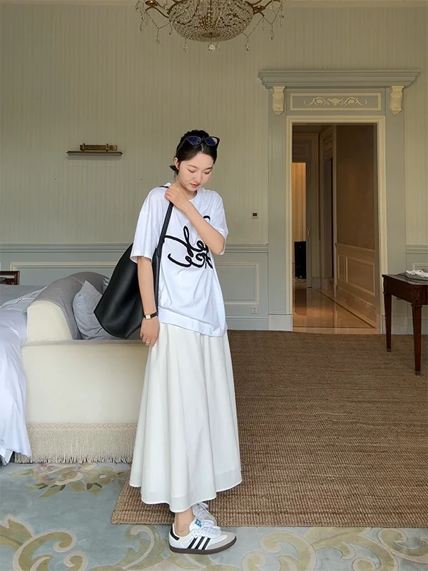 

Летний комплект Co99: шерстяная футболка с вышивкой из хлопкового полотна и длинная юбка-зонтик для женщин