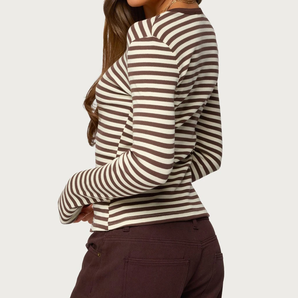 عادية كم طويل مخطط زر الجبهة تي شيرت المرأة الأساسية صالة المحاصيل القمم الخريف Preppy في سن المراهقة فتاة الكلاسيكية صالح البلوز تيز