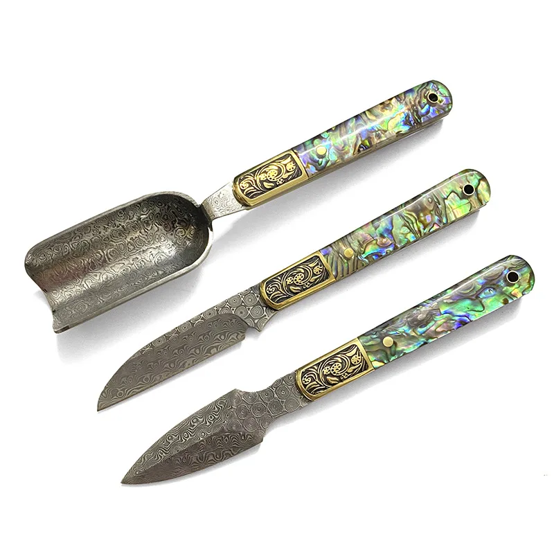 

Dropship Damascus Steel Fixed Blade Knife Abalone Shell Handle Puerh Tea Knife Needles Puer Teaware Gift for Men with Leather