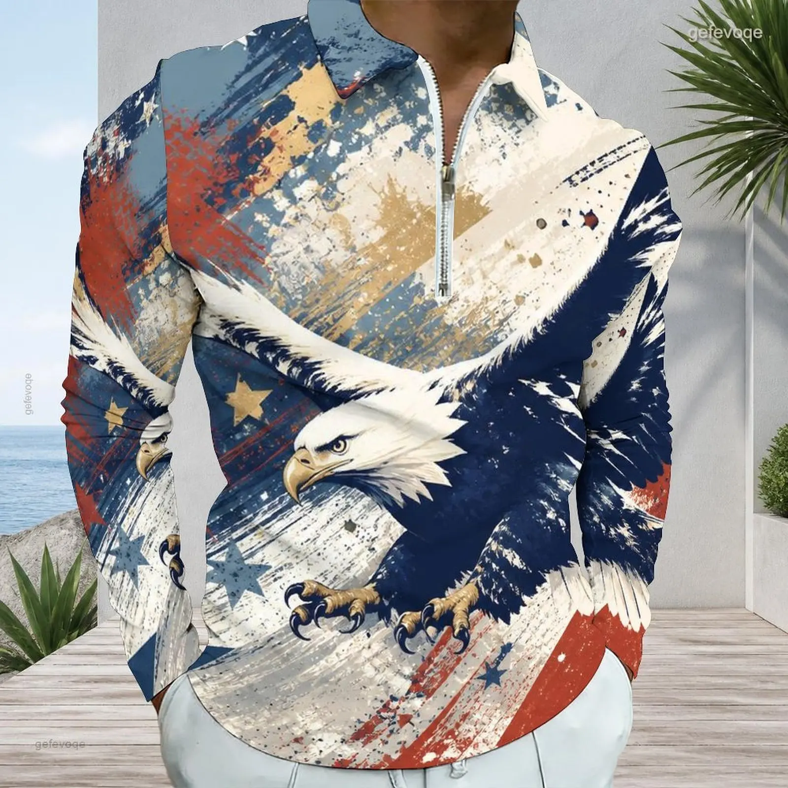 Men Printed Bald Eagle US Flag Pattern Long Sleeve Quarter Zip Collared Polo Shirt