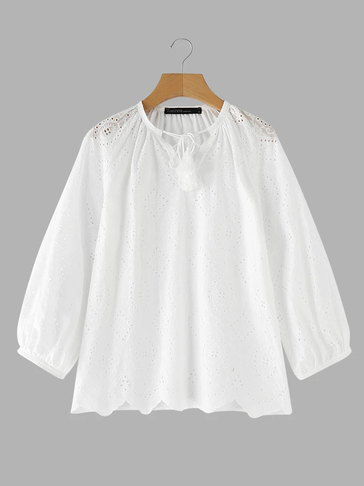 

ZANZEA женские повседневные ажурные блузки с вышивкой, модная женская блузка на шнуровке с v-образным вырезом и рукавами-фонариками 3/4, однотонная женская блузка с кружевной отделкой