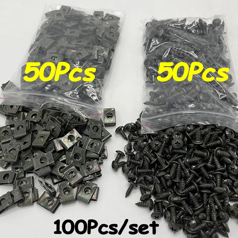 

100Pcs Mixed Metal Screws Fastener U Shaped Clips M5 Self-tapping Screw Car Retainer Clips Screws for Car Motor ATV Moped E-bike