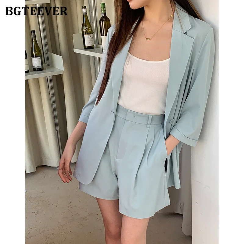 BGTEEVER Summer Loose Female 2 Pieces Blazer Set Suits Elegant Single Button Jackets Women Wide Leg Shorts