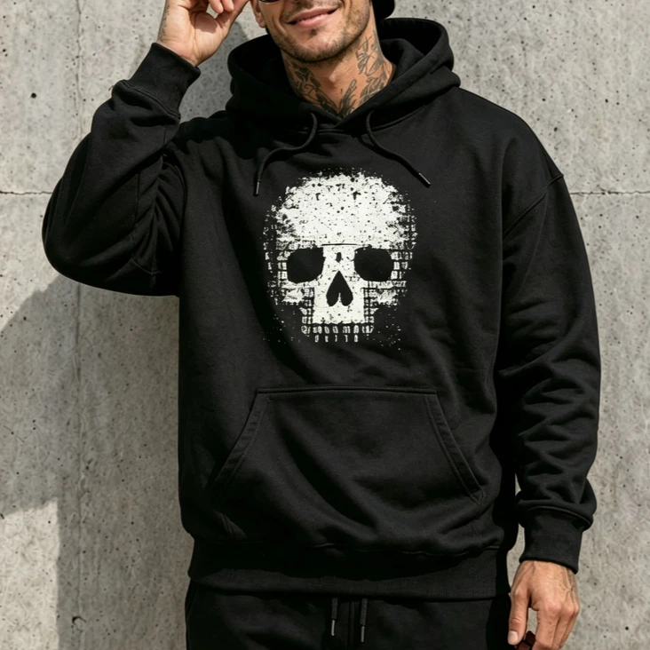 Binary Code Skull Graphic Hoodie Unisex Geek Programmer Hooded Sweatshirt Vintage Distressed Skull Casual Street Fashion Y2k Top