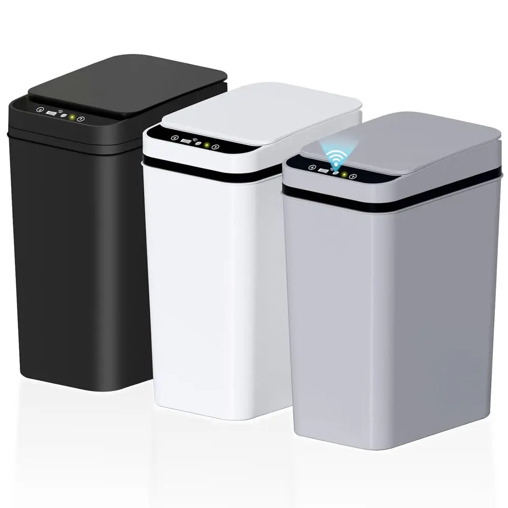

2.6 Gallon Touchless Automatic Trash Can with Lid, Sensor-Activated Slim Bin for Bathroom, Office, Living Room - White/Black/Gre