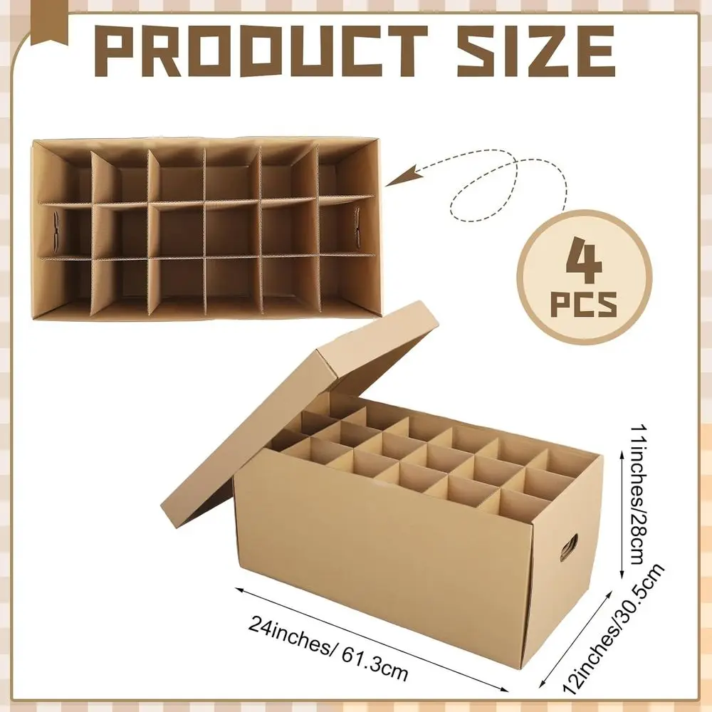 Conjunto de 4 Caixas de Mudança para Cozinha para Copos de Vinho e Pratos com Alça e Tampa, Marrom, 24x12x11 Polegadas