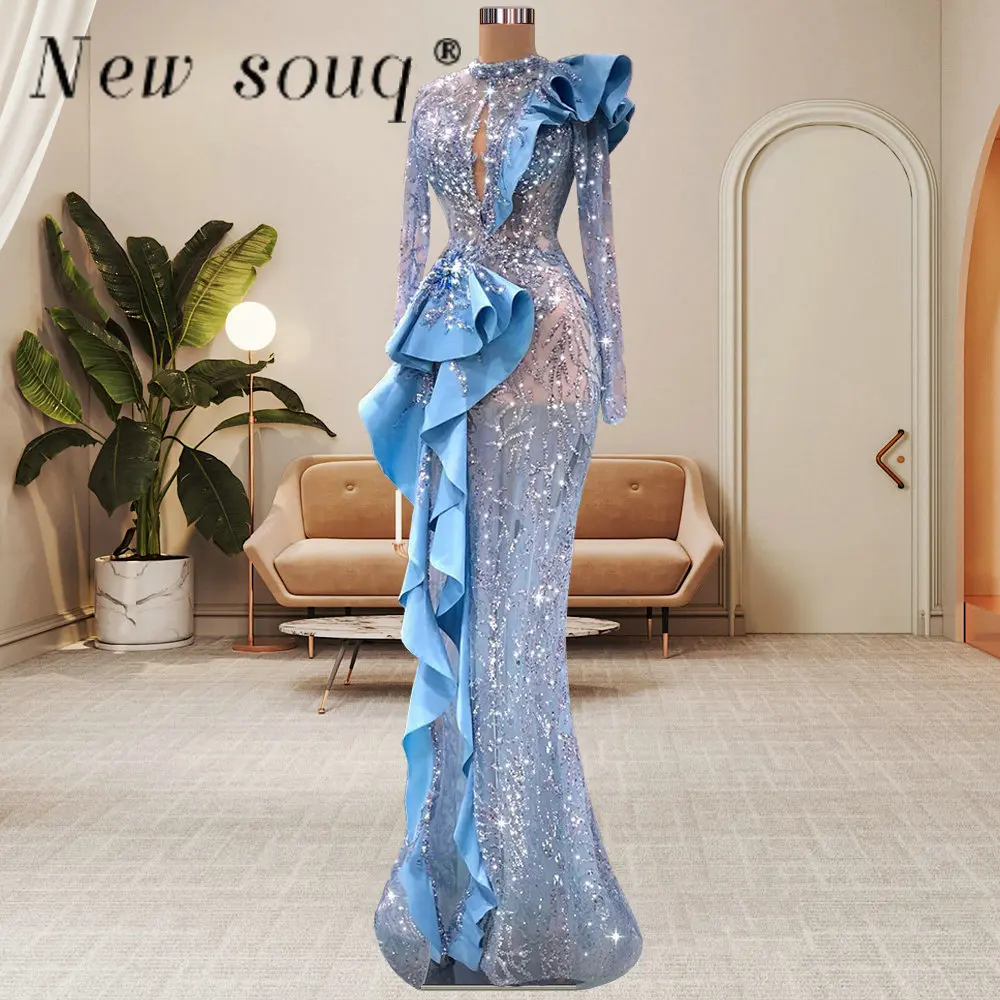 2023 Blue Ruffles Sequin Mermaid Evening Dresses Glitter Long Sleeves Formal Occasion Party Wear Arabic Prom Gowns Custom Made