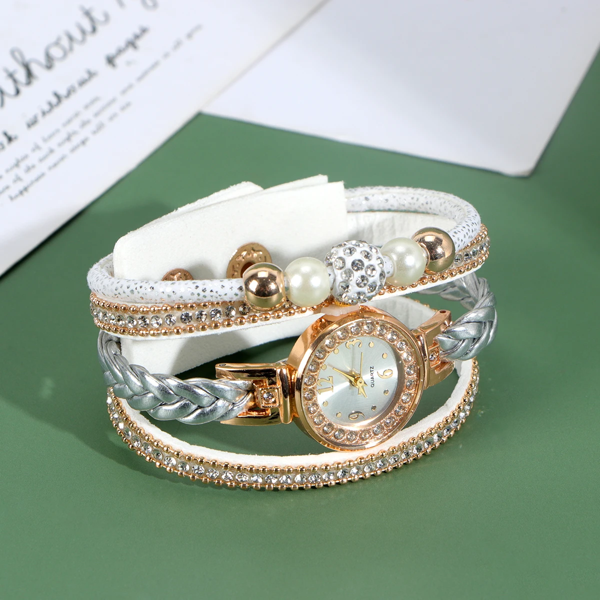 Rhinestone Women Braided Wrist Watch Fashion Quartz Watch Wrist Chain White Creative Design Unique Gift For Her Birthday
