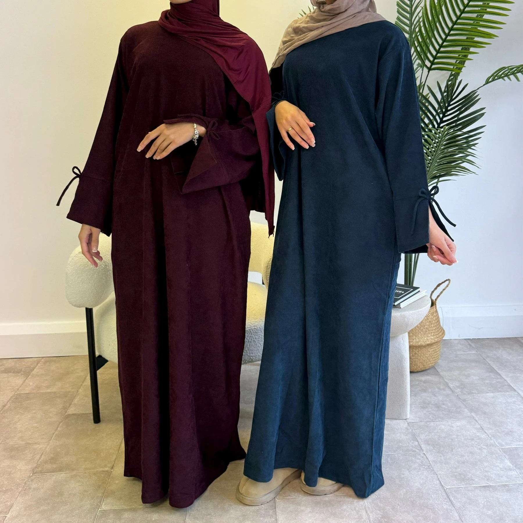 Oem fino veludo bowknit modesto abaya robe elegante muçulmano feminino roupas islâmicas atacado dubai fechado abaya com bolso