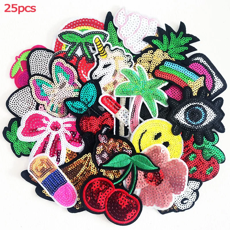 25Pcs/lot Mixed Sequins Clothes Patches Ironing for Jackets Jeans Girls Stickers Sequined Appliques DIY Cloth Decoration