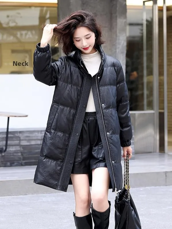 Winter Thiened Genuine Leather down Jaet Women's Mid-Length Loose Sle White Du Feather Haifeng Large Size Leather Coat