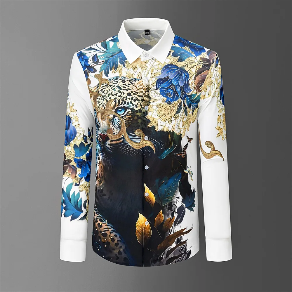 

Brand Rhinestone Leopard Print Shirt for Men High Quality Long Sleeved Casual Shirts Business Social Party Nightclub Dress Shirt