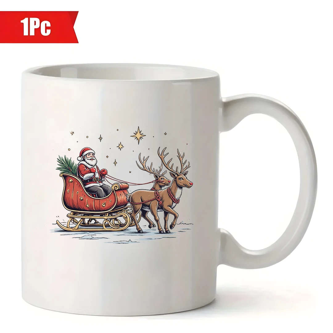 11온스 컵 + 산타클로스 썰매 만화 패턴 + 축제 분위기 컵 크리스마스 선물 어린이 컵 홈 오피스 커피 컵