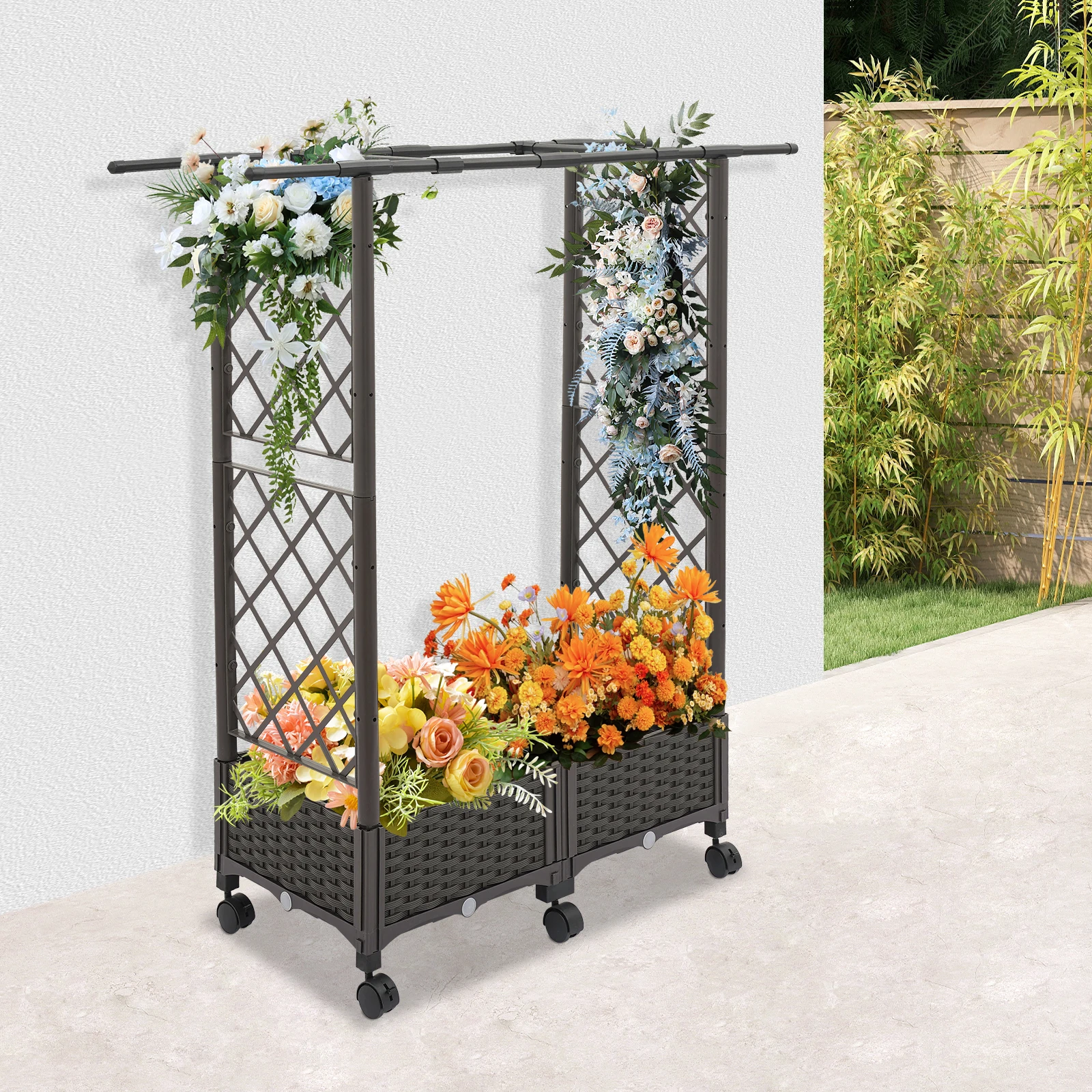 

Коричневый напольный ящик-кашпо из полипропилена с сетчатым узором и 6 колесами для сада, двора, балкона, террасы, изготовленный методом литья под давлением