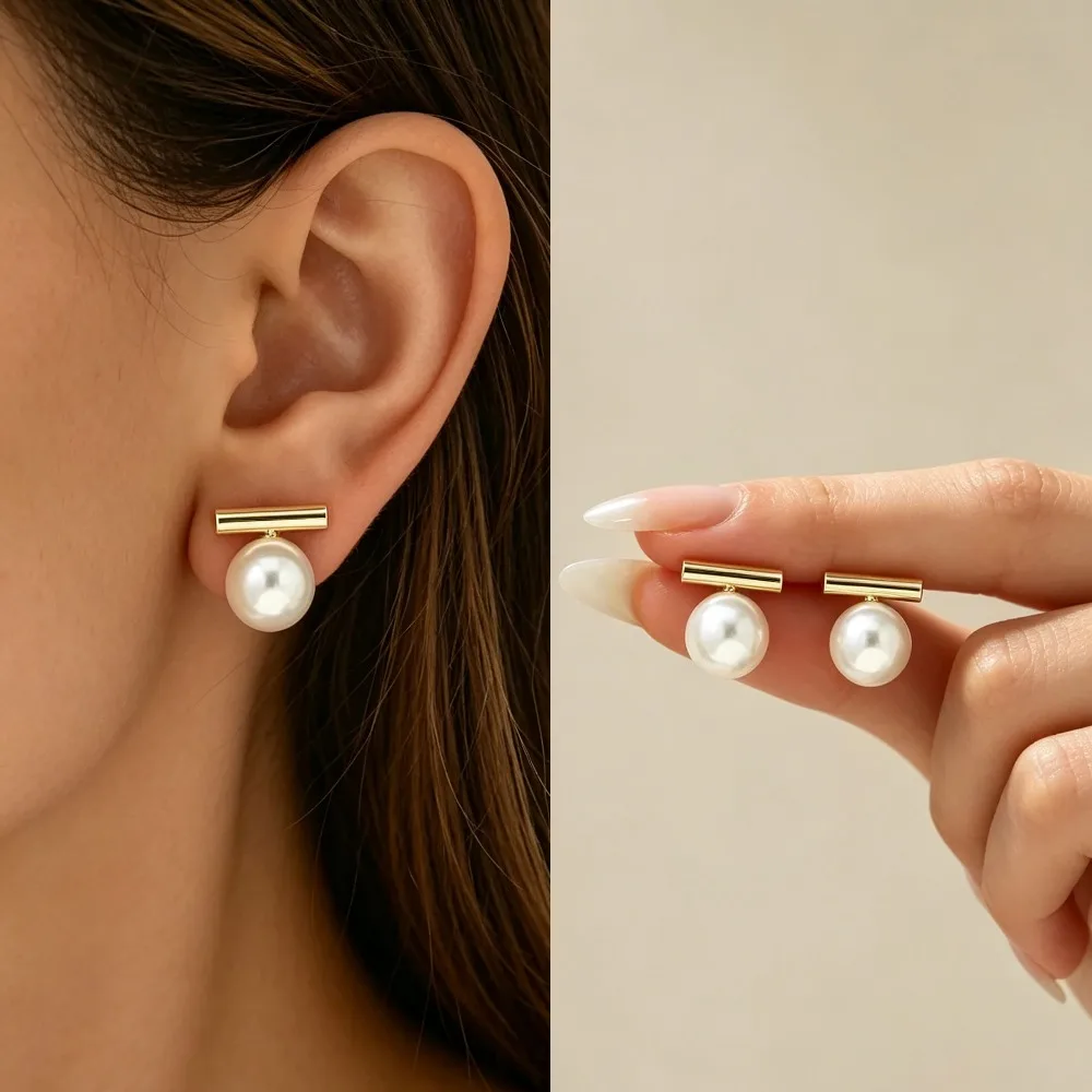 Minimalist Trend Imitation Pearl Stud Earrings Gold Alloy Acrylic Beads for Women Daily Party Present Gift