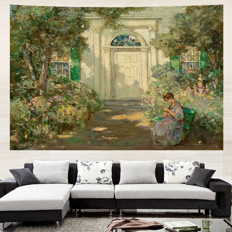 VIKAMA Impressionist Cottage Garden Horizontal Tapestry Wall Hanging for Bedroom Living Room Cozy Aesthetic Unique Home Decor