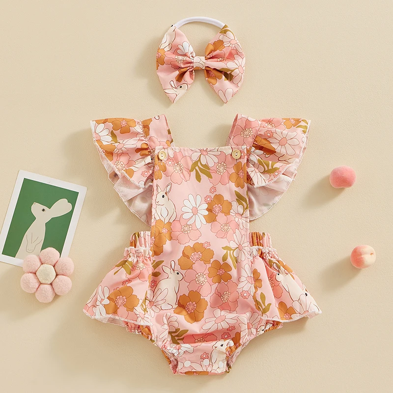 

2023-12-27 Lioraitiin 0-24M Newborn Baby Girls Easter Outfits Ruffle Sleeve Bunny Floral Print Romper + Headband Set Clothes