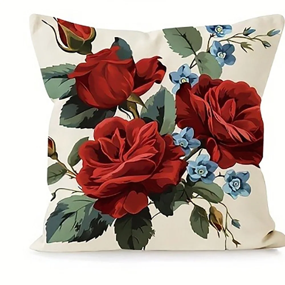 Vintage Red Rose & Blue Flower Pillow Covers, Decorative Cushion Covers for Sofa Car Bedroom Home Decor
