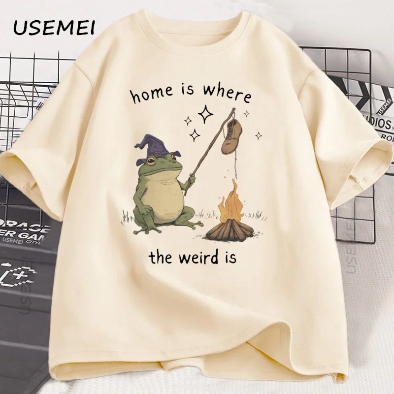 Home Is Where The Weird Is Frog T-Shirt Funny Weirdcore Sayings Tshirt Casual Printed T Shirt Round Neck Short Sleeve Top Tee