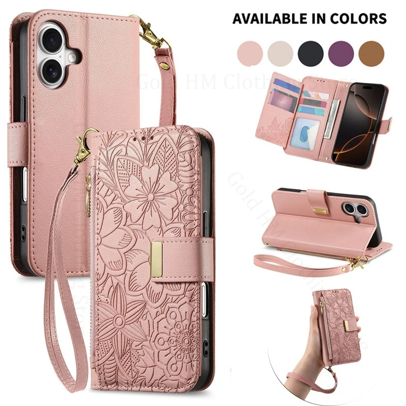 

Wristband Leather Phone Case For iPhone 17 16 Pro Max Flip Wallet Card Slot Stand Cover For Apple 17 Air 16e 14 Pro Max 15 Plus