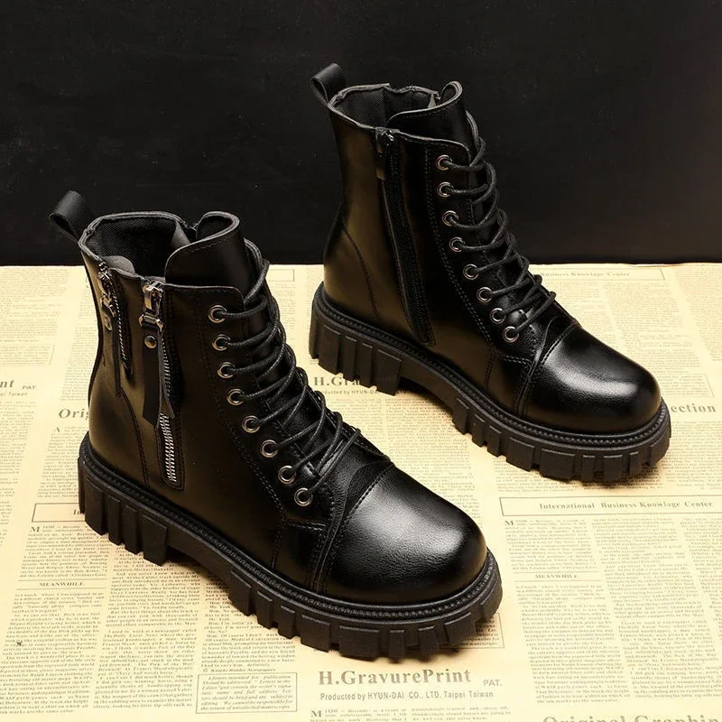 

2023 New Women's Pu Leather Ankle Boots Women Autumn Winter Round Toe Lace Up Shoes Woman Fashion Motorcycle Platform Botas PU